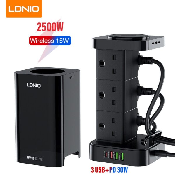 ldnio skw6457 6 outlet usb tower extension power socket with 15w wireless charger 1