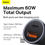 Baseus Golden Contactor Max Dual Fast Charger Car Charger U+C 60W - Image 7