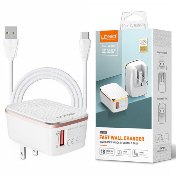 \LDNIO A1204Q Fast Wall Charger 18W Quick Charge MICRO TYPE-C QC3.0 Single USB Port Adapter UK Plug Original with Cable